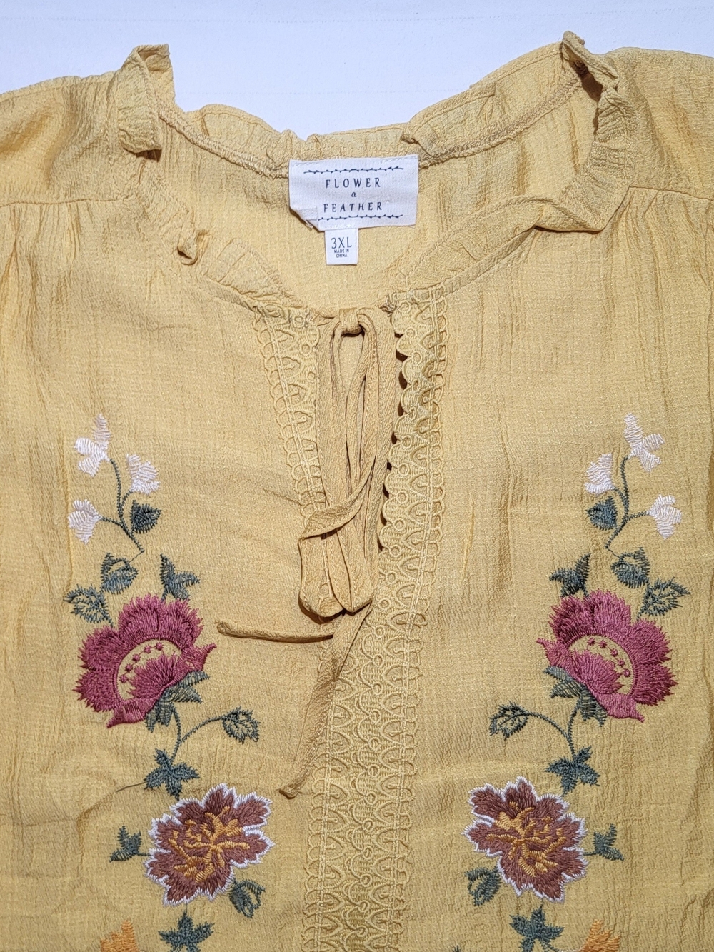 Flower & Feather Mustard Embroidered Peasant Blouse